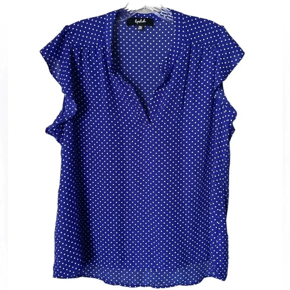 LIPSLIDE | Blue and White Polka Dot Ruffle Cap Sleeve V-neck Chiffon Top Size XL